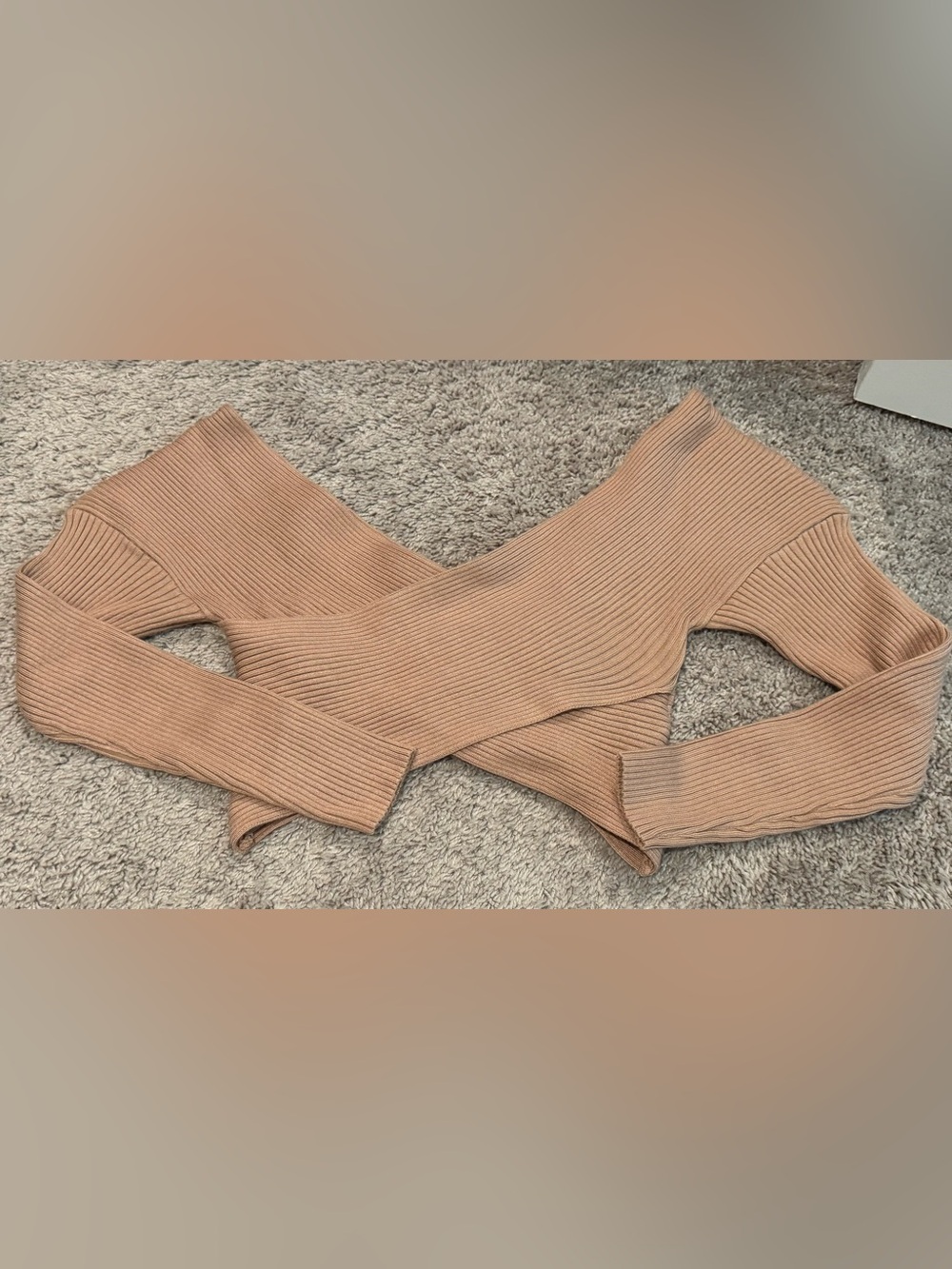 HYFVE Ribbed Cross-Front Knit Sweater Top in Camel/Tan